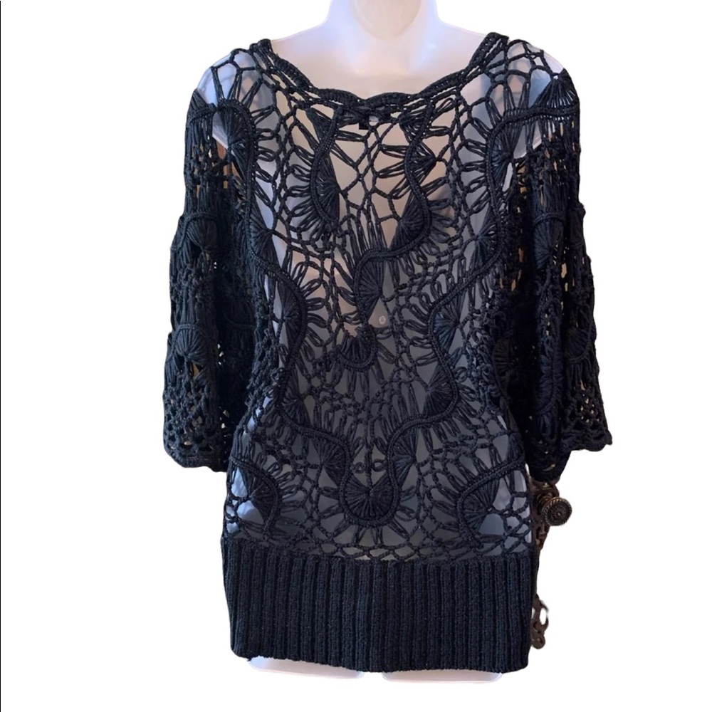 Nicole Max Crocheted Chunky Loose Knit Black V-Neck Sweater Size Medium - Picture 3 of 9